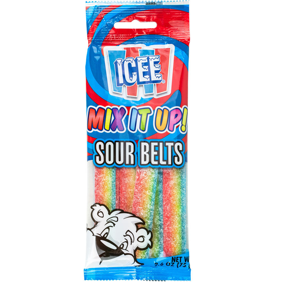 ICEE Mix It Up Sour Belts, 2.6 oz bag in red and blue packaging with rainbow-colored sour sugar-coated candy belts and the ICEE polar bear mascot on the front.