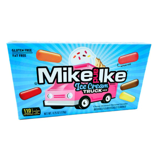 Box of Mike and Ike Ice Cream Truck Mix candy featuring colorful chewy candies in assorted flavors like strawberry shortcake, orange, cherry, banana, and chocolate waffle cone with ice cream truck design on packaging.
