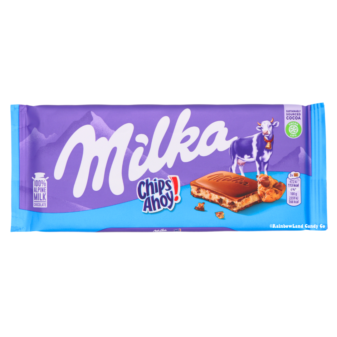 Milka Chips Ahoy! Chocolate Bar wrapper, purple and blue packaging with the Milka logo, cow illustration, and Chips Ahoy! logo, showing a chocolate square with visible cookie pieces, net weight 3.53 oz.