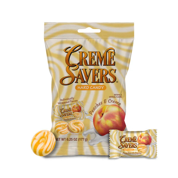 Individually wrapped Creme Savers Peaches & Creme hard candy piece with peach swirl design, shown beside a peach half and cream splash graphic.