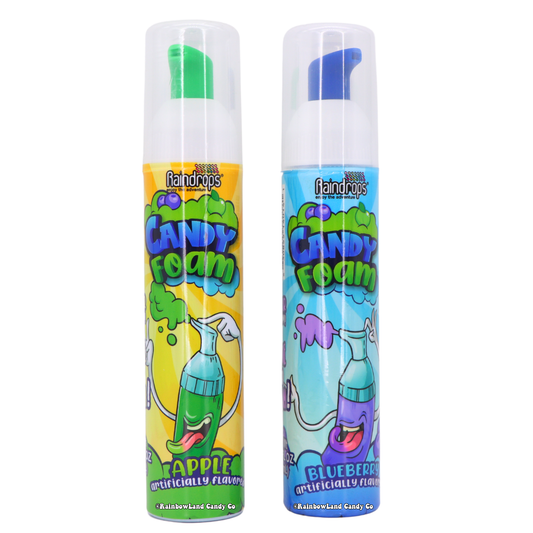 Raindrops Candy Foam, 2.37 fl oz, shown in two flavors — Sour Apple (yellow and green pump bottle) and Sour Blueberry (blue and purple pump bottle) — each with a colored pump top and "Candy Foam" branding on the label.