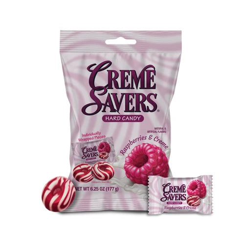 Red and white swirled bag of Creme Savers Raspberries & Creme hard candy, 6.25 oz, with "Individually Wrapped Pieces" callout and a raspberry photo splashed with cream on the front label.