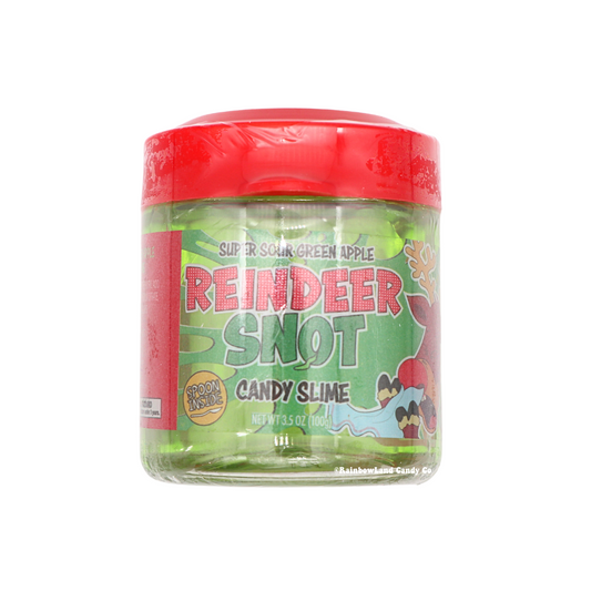 Reindeer Snot Candy Slime jar featuring bright green super sour green apple slime candy with a red twist-off lid and a spoon included underneath.