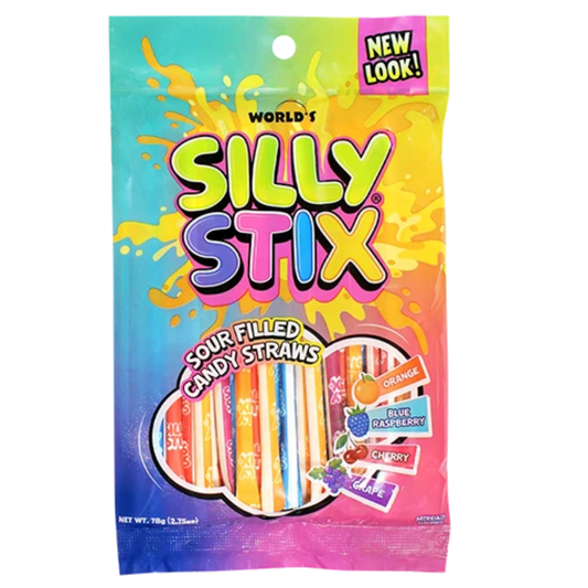World's Silly Stix Sour Filled Candy Straws bag in teal, yellow, and pink packaging, featuring paper-wrapped sour powder candy straws in Orange, Blue Raspberry, Cherry, and Grape, "New Look!" badge, net weight 78g (2.75 oz).