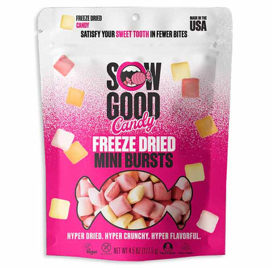 Sow Good Candy Freeze Dried Mini Bursts bag, white and pink packaging showing an enlarged image of colorful crunchy mini candy pieces in pink, yellow, and white, net weight 4.5 oz.