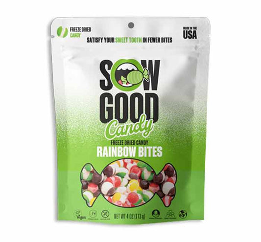 Sow Good Candy Freeze Dried Rainbow Bites bag, white and green packaging, showing an enlarged image of colorful crunchy candy pieces in red, green, yellow, and white, net weight 4.2 oz.