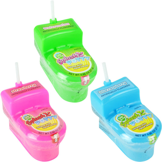 Splash Potty Dip-N-Lik candy sets in strawberry, watermelon, and blue raspberry, each shaped like a toilet with a lollipop behind the tank and liquid candy inside the bowl.