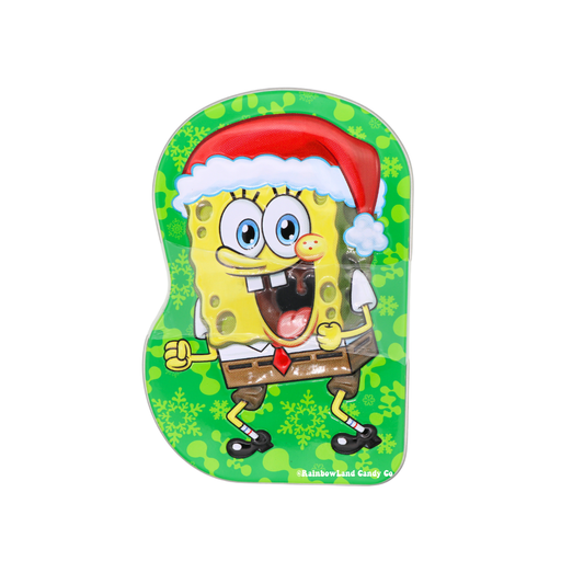 SpongeBob SquarePants Christmas candy tin featuring SpongeBob in a Santa hat, filled with sour strawberry lemonade candy.