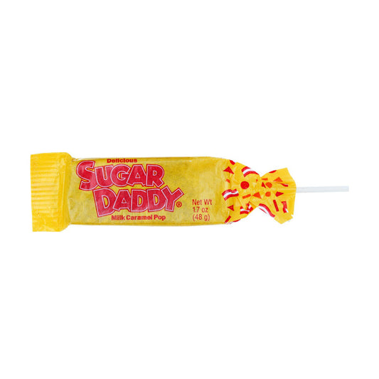 Sugar Daddy Milk Caramel Pop in yellow wrapper with red text, showing the regular size 1.7 oz lollipop with a white candy stick.