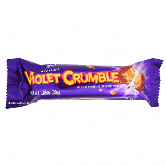 Violet Crumble Milk Chocolate Bar in purple wrapper with yellow and red lettering, showing a broken piece of shattering honeycomb coated in milk chocolate, 1.05 oz size.