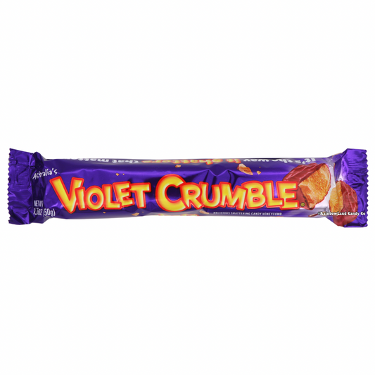 Violet Crumble Milk Chocolate Share Size Bar in purple wrapper with yellow and red lettering, showing broken shattering honeycomb pieces coated in milk chocolate, 1.75 oz size.