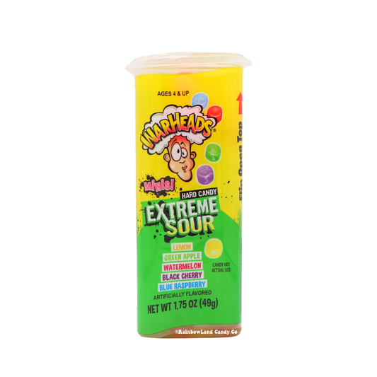 Warheads Extreme Sour Minis hard candy tube 1.75oz — assorted sour flavors lemon green apple watermelon black cherry blue raspberry.