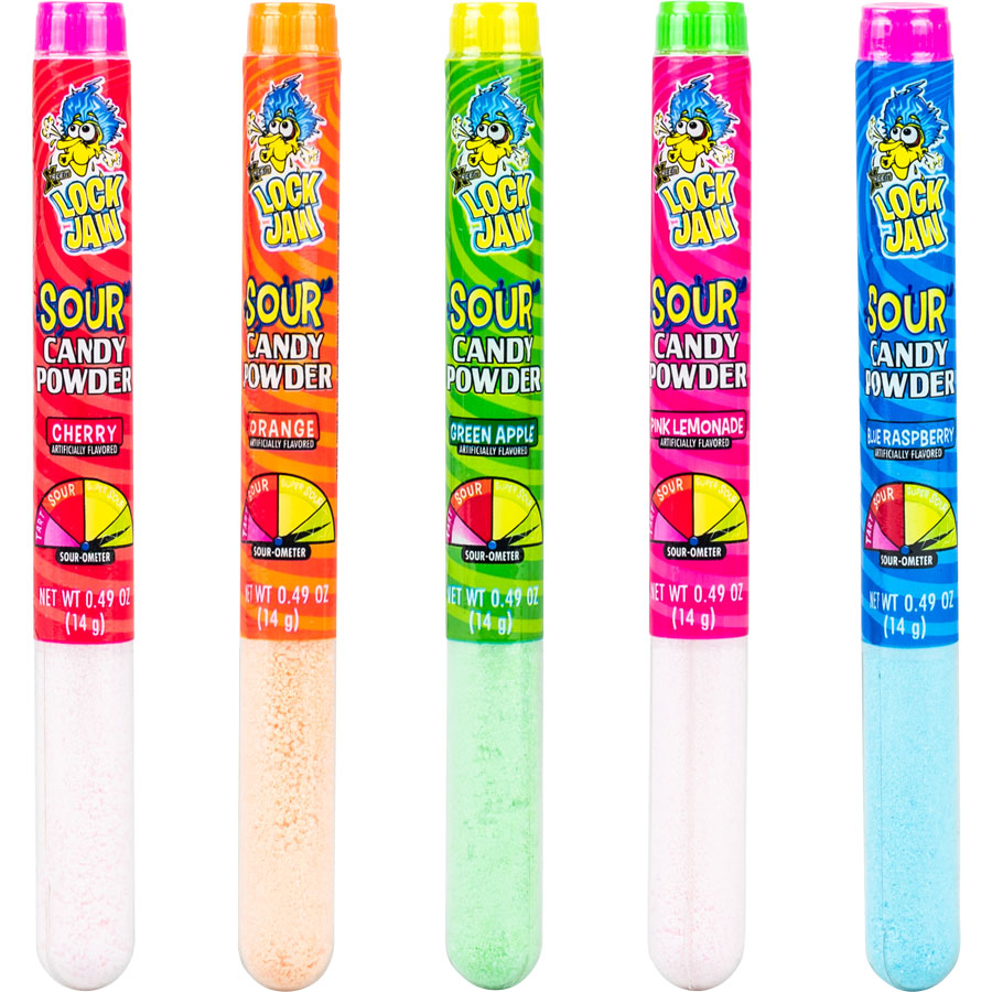 Xtreme Lock Jaw Sour Candy Powder Tubes, 0.49 oz each, shown in five flavors — Cherry (red/pink), Orange (orange), Green Apple (green), Pink Lemonade (yellow/green), and Blue Raspberry (blue) — each a clear tube filled with colored sour candy powder and a matching colored cap.