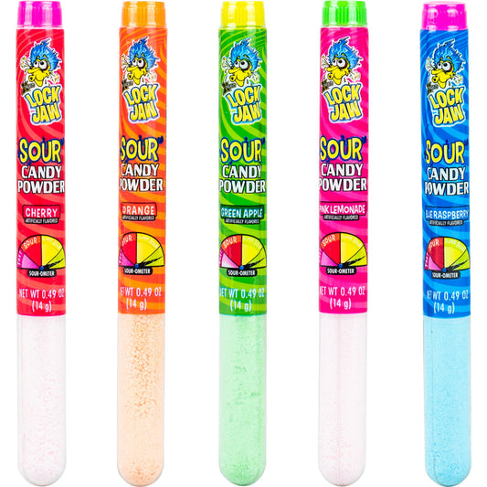 Xtreme Lock Jaw Sour Candy Powder Tubes, 0.49 oz each, shown in five flavors — Cherry (red/pink), Orange (orange), Green Apple (green), Pink Lemonade (yellow/green), and Blue Raspberry (blue) — each a clear tube filled with colored sour candy powder and a matching colored cap.