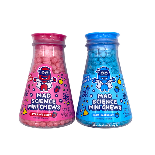 Mad Science Mini Chews candy in strawberry and blue raspberry flavors in lab flask containers.