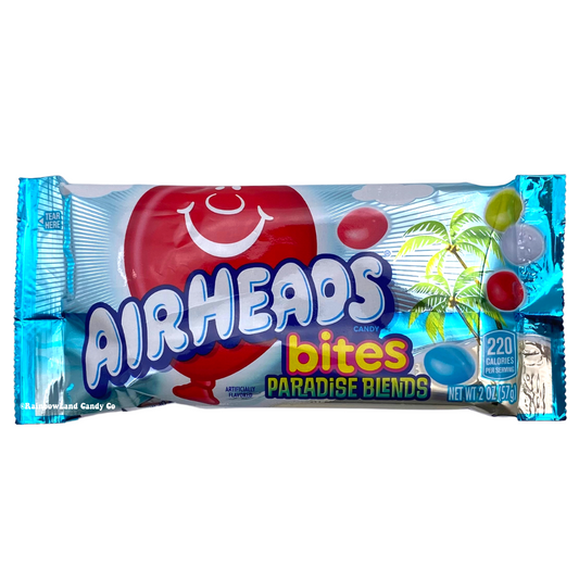 Airheads Bites Paradise Blend candy pouch with tropical-themed design.
