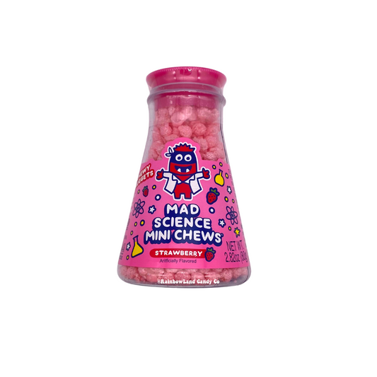 Mad Science Mini Chews strawberry candy in a colorful lab beaker-shaped container.