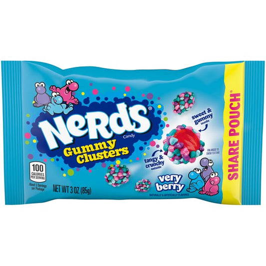 Nerds Gummy Clusters Very Berry, 3 oz bag, sweet and crunchy candy.