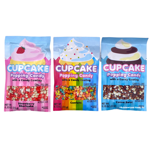 Cupcake Popping Candy in Strawberry Shortcake, Confetti, and Cocoa Swirl flavors.
