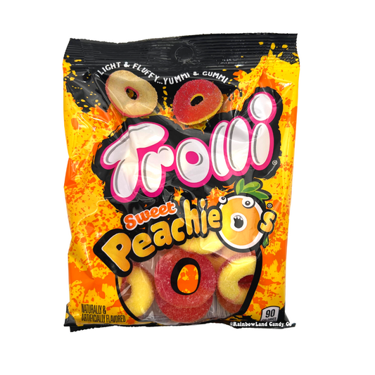 Trolli Peachie-O's gummy rings 4.25 oz bag with peach flavor.