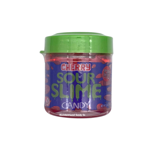 Sour Slime Candy in cherry flavor container with green lid.