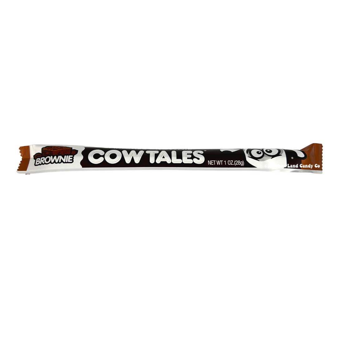 Brownie Cow Tale candy, 1 oz, showing a dark brown and white wrapper with bold Cow Tales logo and a brownie graphic highlighting the chewy caramel brownie and chocolate cream center.