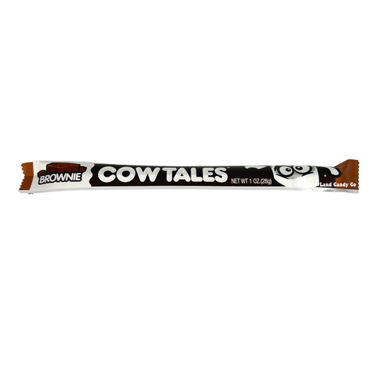 Brownie Cow Tale candy, 1 oz, showing a dark brown and white wrapper with bold Cow Tales logo and a brownie graphic highlighting the chewy caramel brownie and chocolate cream center.