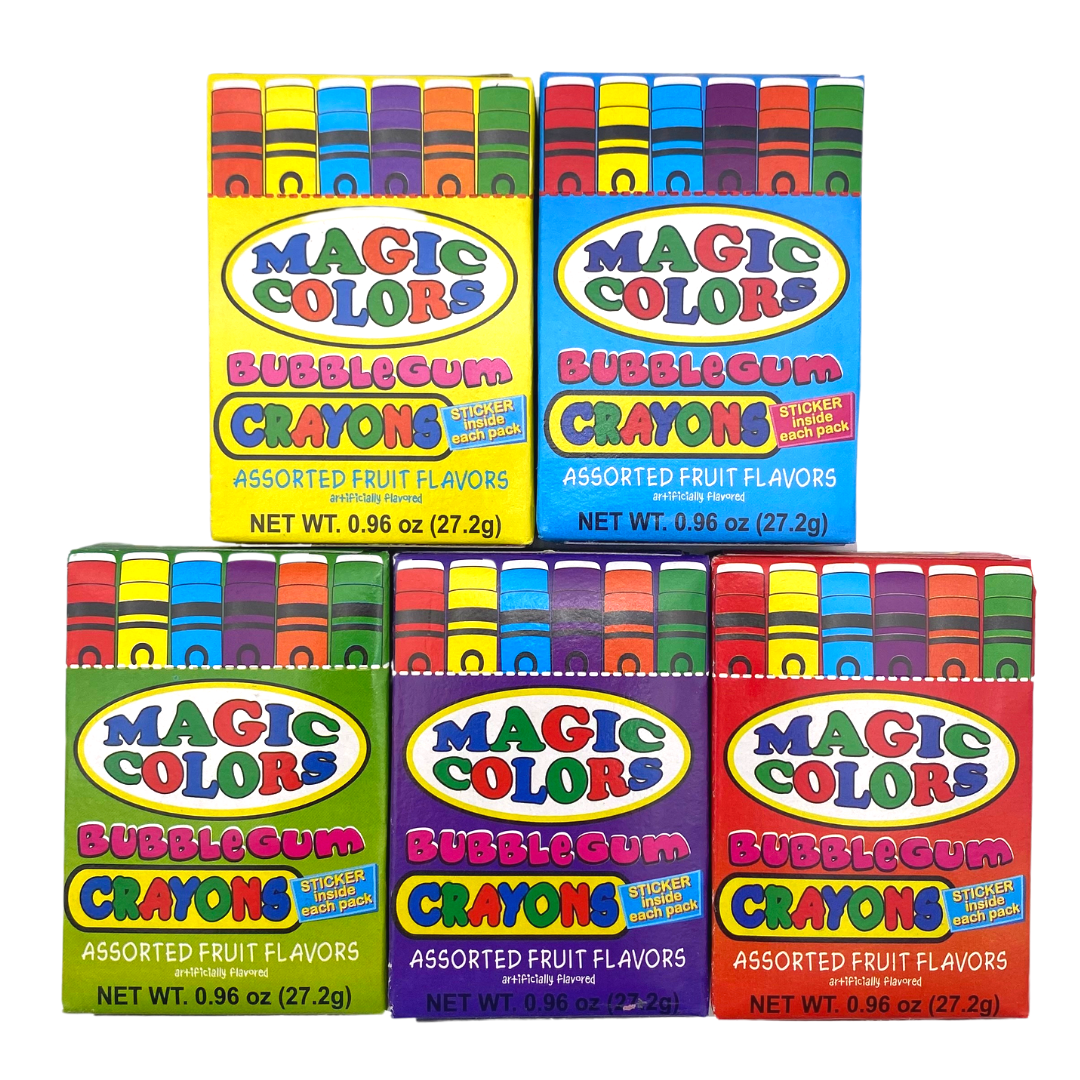 Magic Colors Bubblegum Crayons, 0.96 oz each, shown in five box colors — yellow, blue, green, purple, and red — each featuring the Magic Colors logo, crayon-shaped gum illustrations, "Assorted Fruit Flavors" text, and a "Sticker Inside Each Pack" badge.