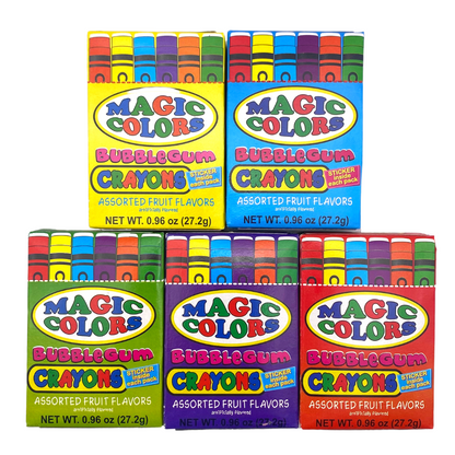 Magic Colors Bubblegum Crayons, 0.96 oz each, shown in five box colors — yellow, blue, green, purple, and red — each featuring the Magic Colors logo, crayon-shaped gum illustrations, "Assorted Fruit Flavors" text, and a "Sticker Inside Each Pack" badge.