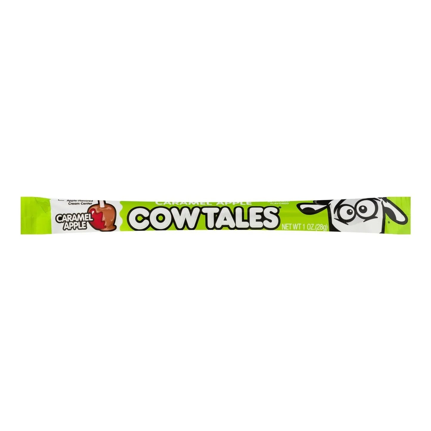 Green 1 oz Caramel Apple Cow Tale candy wrapper featuring a caramel apple graphic and the Cow Tale mascot, labeled apple-flavored cream center.