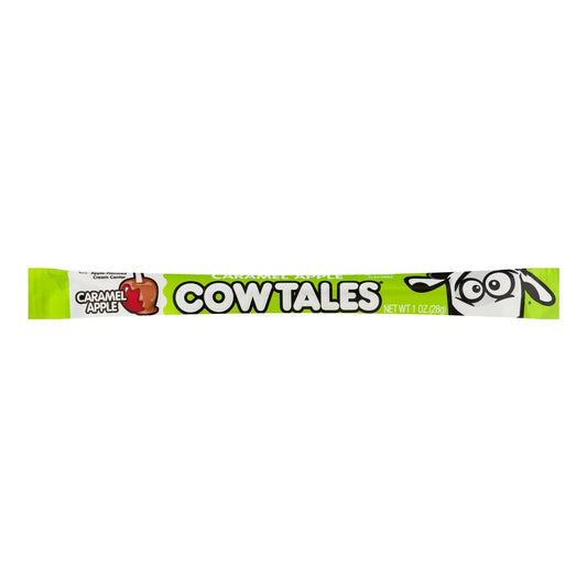 Green 1 oz Caramel Apple Cow Tale candy wrapper featuring a caramel apple graphic and the Cow Tale mascot, labeled apple-flavored cream center.