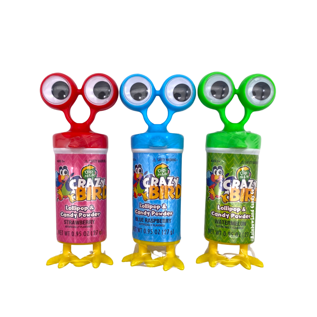 Crazy Bird Dip-N-Lik novelty candy 0.95 oz shown in all three flavors side by side — strawberry in red, blue raspberry in blue, and watermelon in green — each featuring giant color-coordinated googly eyes on top and yellow bird feet on the bottom.