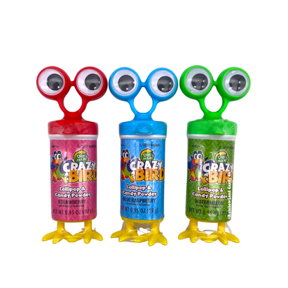 Crazy Bird Dip-N-Lik novelty candy 0.95 oz shown in all three flavors side by side — strawberry in red, blue raspberry in blue, and watermelon in green — each featuring giant color-coordinated googly eyes on top and yellow bird feet on the bottom.