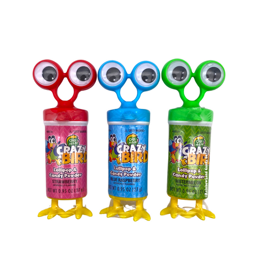 Crazy Bird Dip-N-Lik novelty candy 0.95 oz shown in all three flavors side by side — strawberry in red, blue raspberry in blue, and watermelon in green — each featuring giant color-coordinated googly eyes on top and yellow bird feet on the bottom.