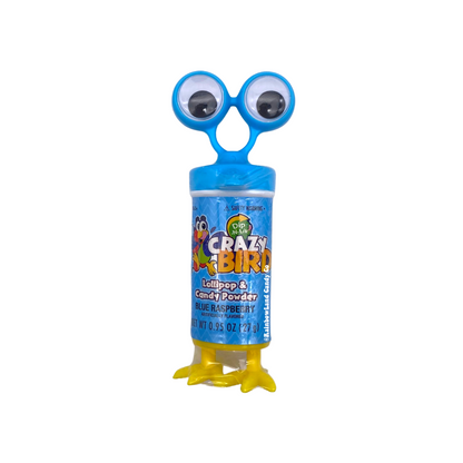 Crazy Bird Dip-N-Lik blue raspberry flavor 0.95 oz in a sky blue bird-shaped container with giant googly eyes on top and yellow bird feet on the bottom, filled with blue raspberry lollipop and candy powder.