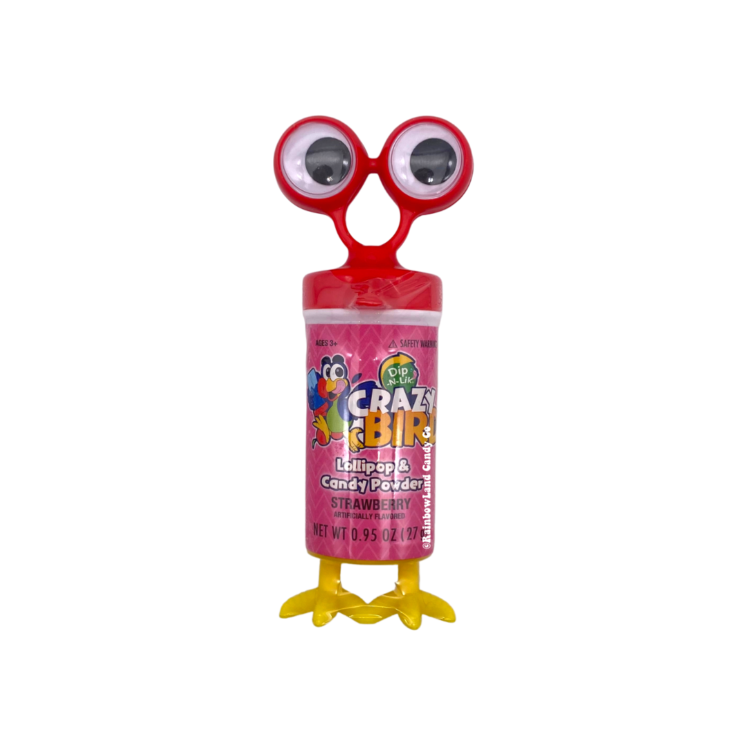 Crazy Bird Dip-N-Lik strawberry flavor 0.95 oz in a red and pink bird-shaped container with giant googly eyes on top and yellow bird feet on the bottom, filled with strawberry lollipop and candy powder.