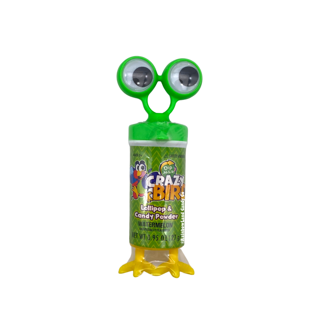 Crazy Bird Dip-N-Lik watermelon flavor 0.95 oz in a lime green bird-shaped container with giant googly eyes on top and yellow bird feet on the bottom, filled with watermelon lollipop and candy powder.
