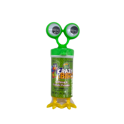 Crazy Bird Dip-N-Lik watermelon flavor 0.95 oz in a lime green bird-shaped container with giant googly eyes on top and yellow bird feet on the bottom, filled with watermelon lollipop and candy powder.