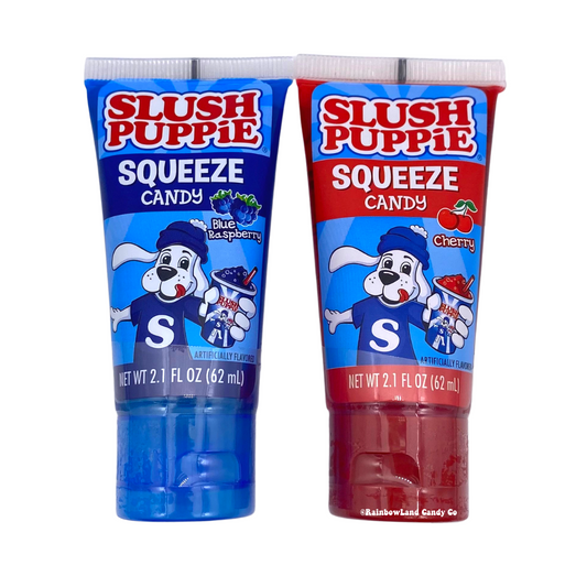 Slush Puppie Squeeze Candy, 2.1 fl oz tube featuring the Slush Puppie dog mascot, available in Blue Raspberry (blue tube) or Cherry (red tube), with flavor randomly selected.