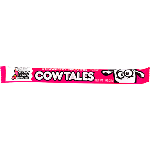 Cow Tales Strawberry Smoothie, 1 oz, in a pink and white individually wrapped candy stick with "Strawberry Smoothie" and "Cow Tales" branding and the Cow Tales cartoon character on the wrapper.