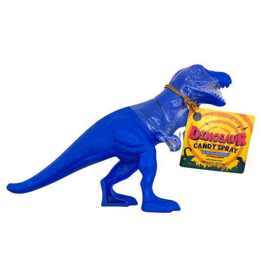 Dinosaur Candy Spray toy in blue raspberry flavor, shaped like a blue T-Rex with a removable head revealing the candy spray nozzle.