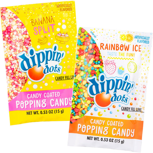 Dippin' Dots candy coated popping candy 0.53oz bags in two flavors banana split yellow bag and rainbow ice white bag with colorful candy coated popping candy beads.