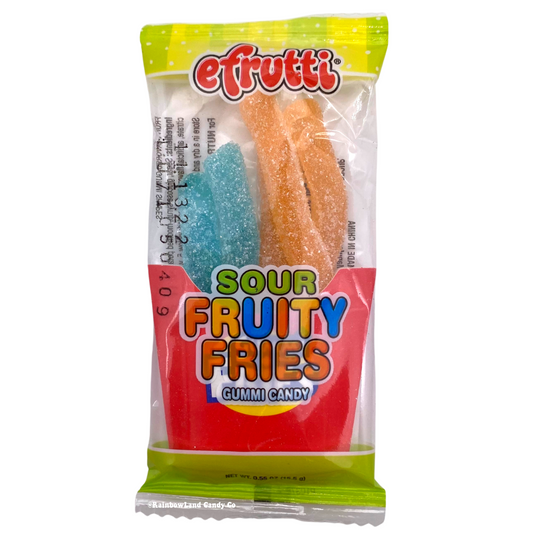 Efrutti Sour Fruity Fries gummy candy pack with colorful fry-shaped gummies.