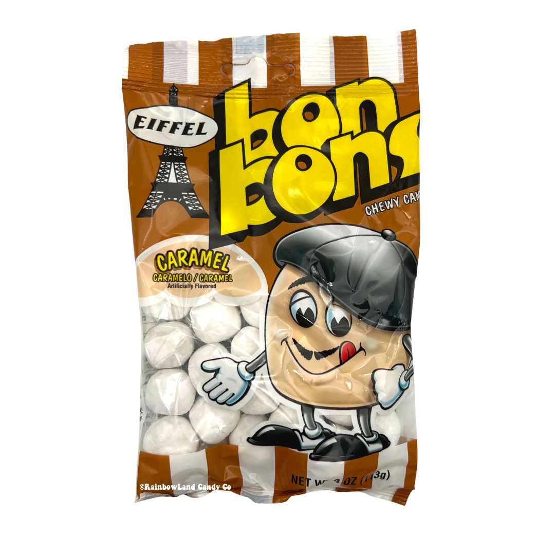 Eiffel Bon Bons Caramel chewy candy 4oz bag featuring bite-sized white chewy candy pieces with bold rich caramel flavor and the iconic Eiffel brand mascot character in a beret on brown and white striped packaging.