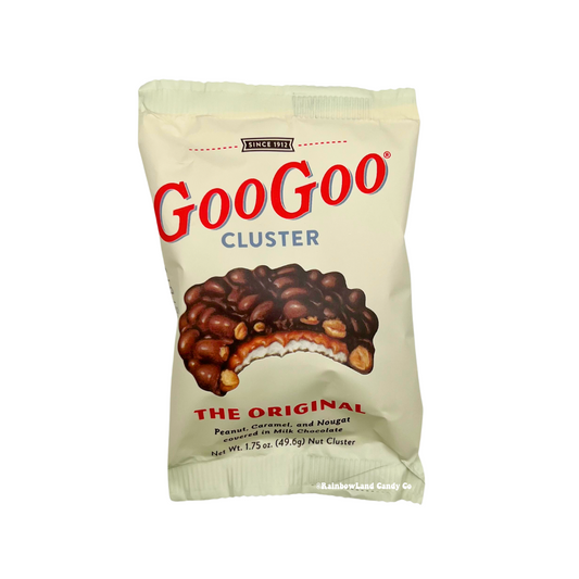 Goo Goo Cluster The Original, 1.75 oz, in a cream-colored wrapper with red and blue branding, featuring an illustration of a chocolate-covered peanut, caramel, and nougat cluster with a bite taken out.