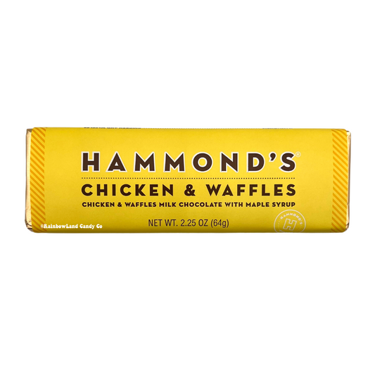 Yellow 2.25 oz Hammond's Chicken & Waffles Candy Bar wrapper featuring "Chicken & Waffles Milk Chocolate with Maple Syrup" labeling and the Hammond's brand logo on a bold yellow background.