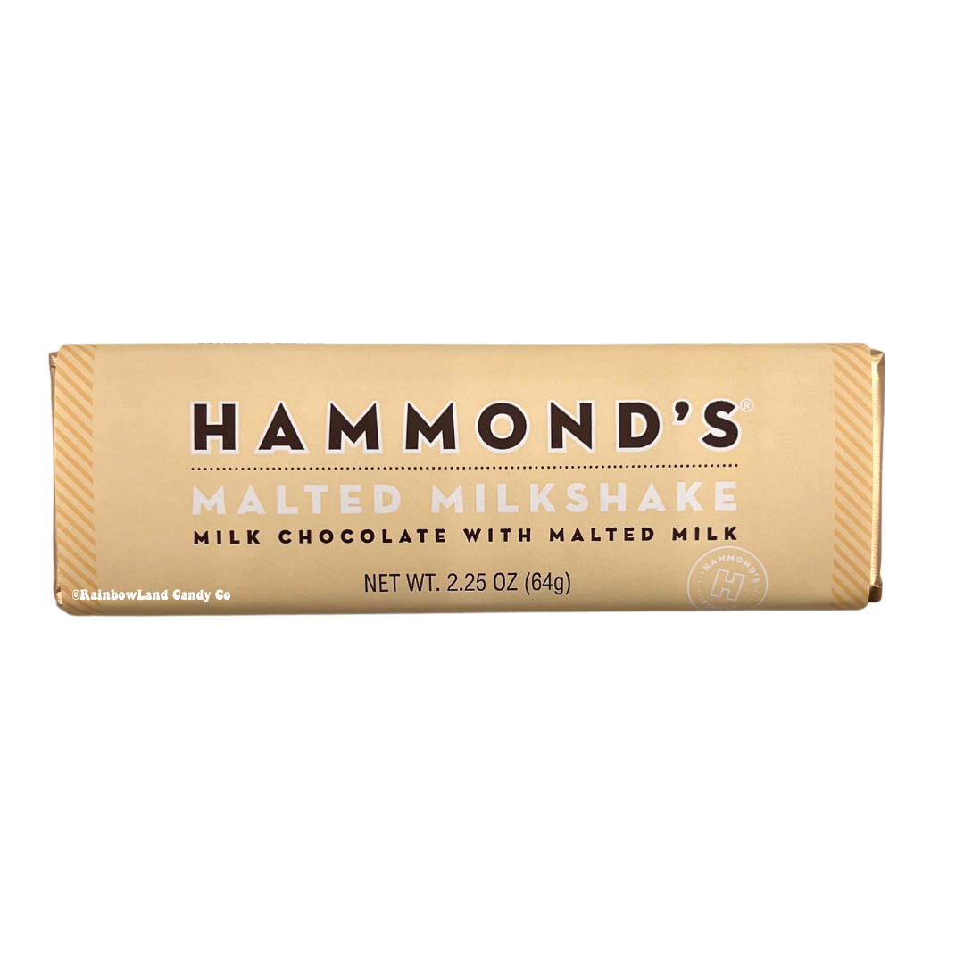 Hammond's Malted Milkshake Candy Bar, 2.25 oz, showing a tan candy bar wrapper with bold Hammond's branding and "Malted Milkshake — Milk Chocolate with Malted Milk" labeling.