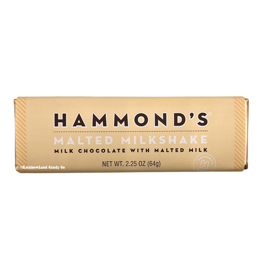 Hammond's Malted Milkshake Candy Bar, 2.25 oz, showing a tan candy bar wrapper with bold Hammond's branding and "Malted Milkshake — Milk Chocolate with Malted Milk" labeling.