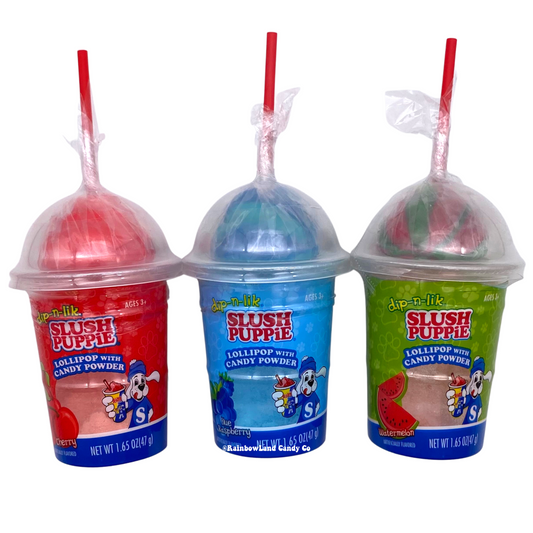 Slush Puppie Dip-N-Lik Candy in Cherry, Blue Raspberry, and Watermelon flavors.
